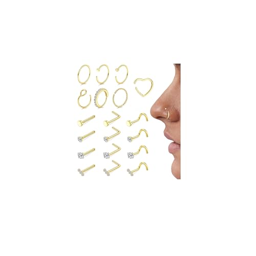 Morfetto 19 Piezas Piercing Nariz Acero Quirurgico Dorado Para Mujeres Hombres 20G L-Hoja Septum Piercing Nariz Aro Tragus Helix Conch Nostril Accesorio​​ Oro
