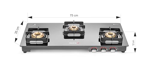 Image of Sujata Regal Manual Gas Stove 3 Burners Glass Top | 9 Years Warranty | Gas Stove with Jumbo Brass Burners | SABAF Technology | ISI Certified | LPG & PNG Compatible | 360 Rotating Brass Nozzle (Black)