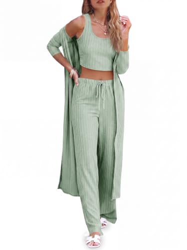 Fessceruna Womens 3 Piece Lounge Sets Pajamas Knit Long Sleeve Cardigan Crop Top Wide Leg Pants Loungewear Set