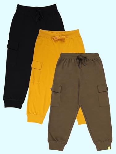 Image of KiddoPanti Boys Cotton Joggers | 100% Cotton Single Jersey | 2 Side Cargo Pockets with Flap | Elasticated Waist Band with Functional Drawcord | Soft & Breathable Track Pants