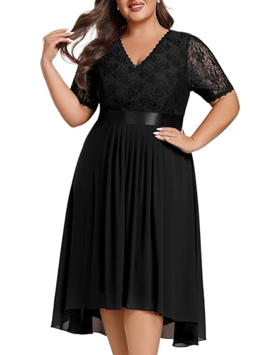 Image of Ever-Pretty Women's V Neck Pleated A Line Lace Chiffon Half Sleeves Midi Plus Size Cocktail Wedding Guest Dresses Black US18