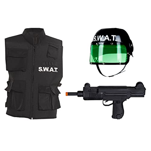 Boland - Kit SWAT pour enfant, noir/blanc, fusil factice, gilet et casque avec visière, arme, veste, couvre-tête, costume, carnaval, soirée à thème.