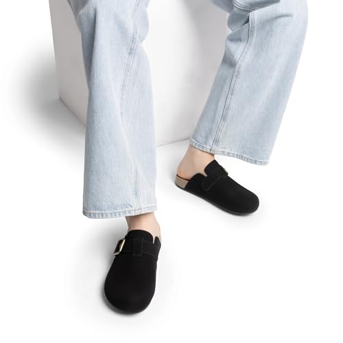 DREAM PAIRS Clogs for Women Suede Mules Wide Toe Shoes Wide Width Slip On Comfortable Clogs with Lightweight Soft Footbed, Anti-Slip Outsole, Arch Support,Size 10,Black,DWUMMU2505