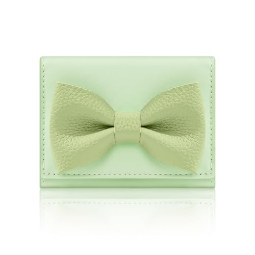 Small Wallets Woman, Cute Tri-fold Ladies Coquette Wallet for Women, Green Bow Credit Card Coin Holder Purse with ID Window for Cash Key Change (Green)