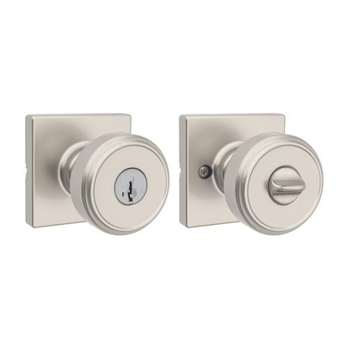 Image of Kwikset Maven Entry Door Knob with Lock and Key, Secure Keyed Handle Exterior, Square Front Entrance and Bedroom, Satin Nickel, Pick Resistant SmartKey Rekey Security and Microban