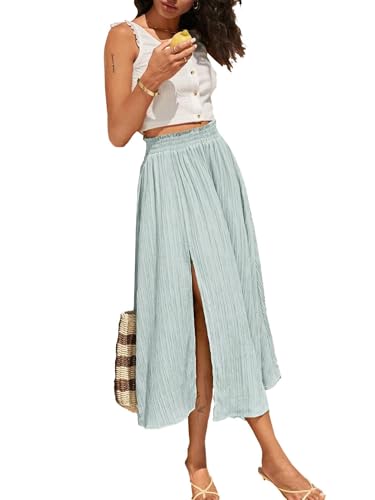 Avanova NO Va Women Slit Split High Waisted Midi Skirts Pleated Linen Flowy Skirts Mint Green X-Large thumb #3
