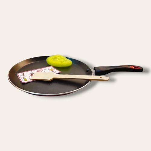 Image of Wonderstar Non-Stick Dosa Tawa 12inch with Handle, Wooden Spatelua, 12 Months Warranty, with Induction Base