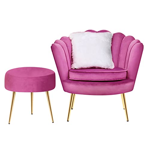 Magshion Modern Scalloped Back Accent Velvet Upholstered Armchair With Golden Legs And Soft Pillow With Footrest For Living Room, Comfy Vanity Chair, Pink #TOP3