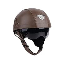 Motorfiets Lederen Halve Helm Verwijderbare Thermische Slab Intrekbaar Bruin Vizier Open Motorhelm Voor Mannen En Vrouwen ECE Goedgekeurde Jethelm Bromfiets Scooter Cruiser B,M=(56-57CM