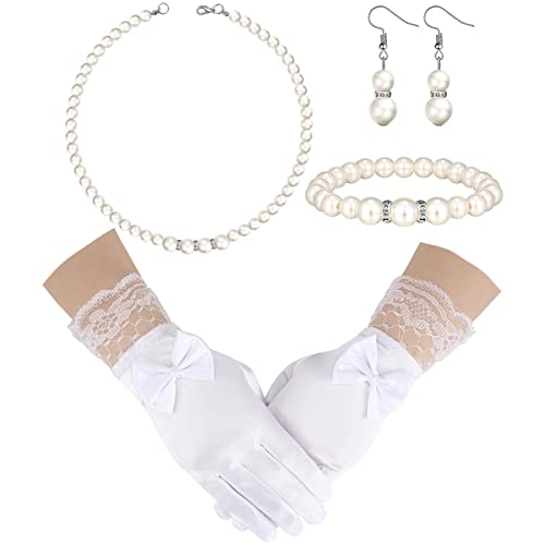 Image of 4 Pcs Pearl Necklace Sets for Girls Little Girls Jewelry Girls Pearl Bracelet Earrings with Faux Pearl and Bow, elastic fabric, Created Pearl