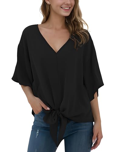Anelune Damen Chiffon Blusen mit V-Ausschnitt und Bindung vorne...