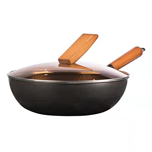 Hyoank Asiantraditional Wok Pan, 12.4'' Woks And Stir Fry Pans, Carbon Steel Wok With Lid Suits For All Stoves #TOP4