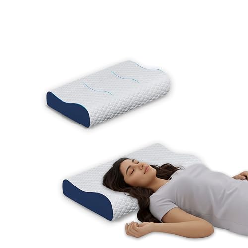 Dr. Mashur Orthopedic Memory Foam Pillow, Ergonomic Cervical Contour Breathable Design, Cooling Soft Cushion for Neck and Shoulder Support, Washable Cover, Dual Height 6cm & 9cm, Blue