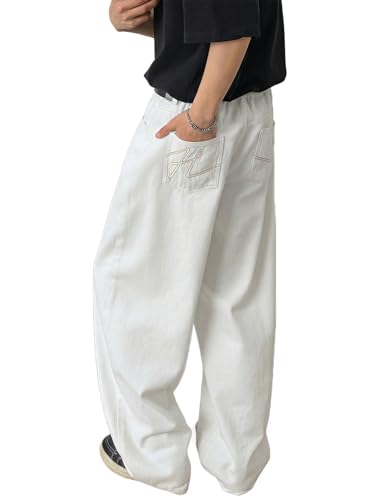 Areant Mens Baggy Jeans Wide Leg Hip Hop Loose Fit Jeans Relaxed Fit Elastic Waist Skate Streetwear Y2K Vintage Denim Pants White X-Large - image 1