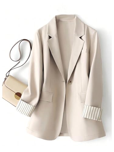 WDIRARA Women's Open Front Lapel Neck Blazer Striped Cuff Long Sleeve Business Work Suit Jacket3