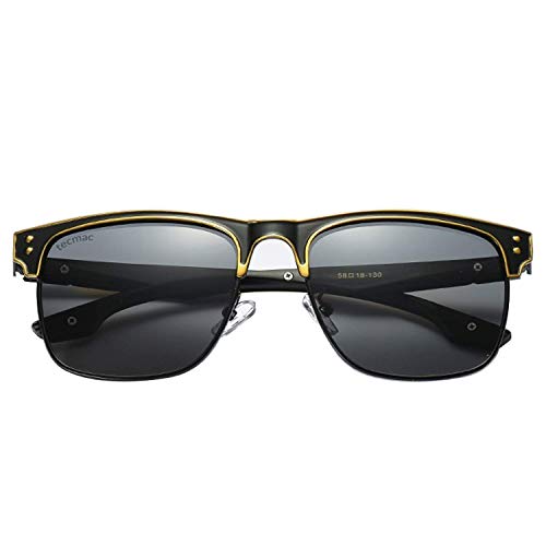 tecmac 58 Classic Square Polarized Black Lenses Semi-Rimless Sunglasses | Black and Gold Frame | Unisex