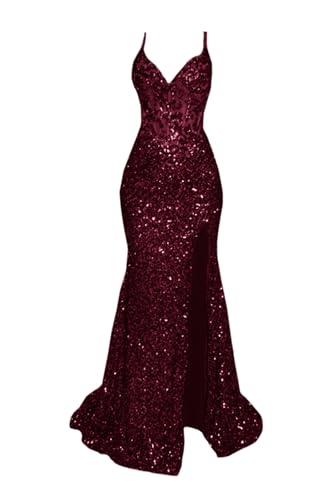 Fanciest Burgundy Lace Sequin Prom Dresses for Women V-Neck Formal Dress with Slit Long Spaghetti Straps Evening Gown US8