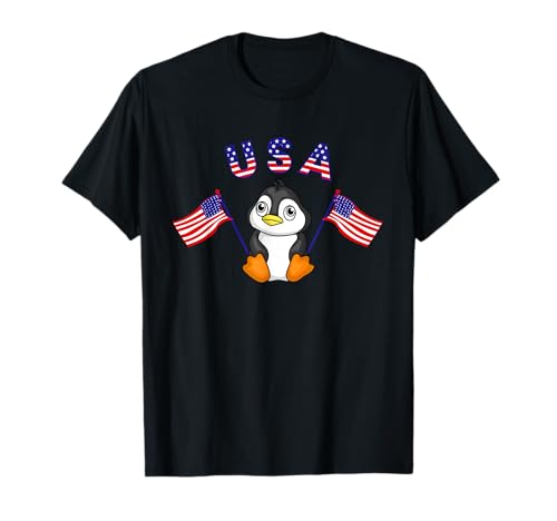 Cute Patriotic USA Penguin American Flags 4th of July Animal T-Shirt
