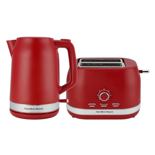 Hamilton Beach Kettle and Toaster Set Ella 1.7L Kettle 2 Slice Toaster Boil Dry Protection Removable Filter 7 Browning Levels Removable Crumb Tray Red - HBELLAMR
