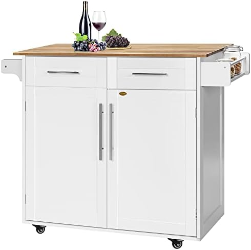 VIVOHOME Kitchen Island Cart on Wheels, Rolling Island Table with Storage, Towel Rack, Spice Rack for Dining Rooms, White