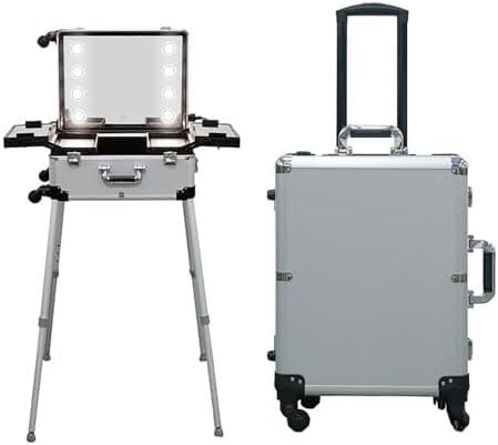 ININOSNP Profesional de Gran tamaño Estuche de tocador con Ruedas Estuche de tocador con Ruedas y Soporte Tocador de Viaje con Espejo y 8 Luces LED(Silver)