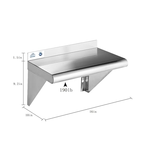 Image of ROCKPOINT Stainless Steel Shelf 10 x 16 Inches 190lb, 2 Pack NSF Metal Commercial Shelves Wall Mount Floating Shelving with Backsplash for Restaurant, Kitchen, Home and Hotel, Silver