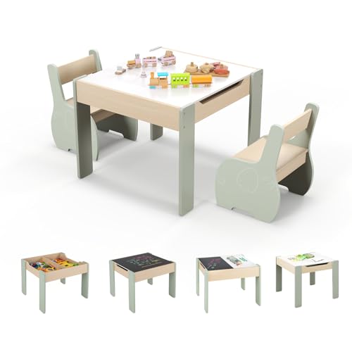 GOPLUS Table Enfant avec 2 Chaises, 4 en 1 Table d’Activité avec Plateau Rabattable à Double Face Tableau Noir/Blanc, Petit Bureau Enfant avec Rangement...