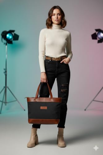 Image of Comfabie tote Bag for Women Handcrafted Women's Canvas Bag with pure Leather Shoulder Tote Bag & Handbag for Office and College | Women Office Bag for Ladies | Ladies Purse Handbag | leather tote bag