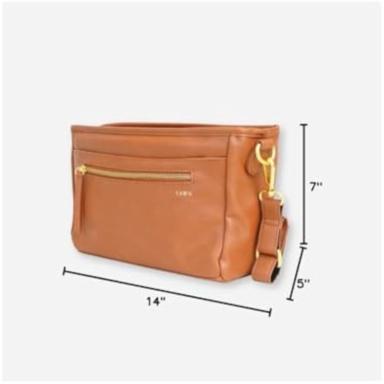 FAWN DESIGN The Stroller Caddy, Premium Matte Faux Leather Stroller Organizer with Cup Holder, Brown Diaper Bag with Adjustable Stroller Straps, 2 Exterior Pockets 1 Zipper Pocket, 14x 5x 7 inches