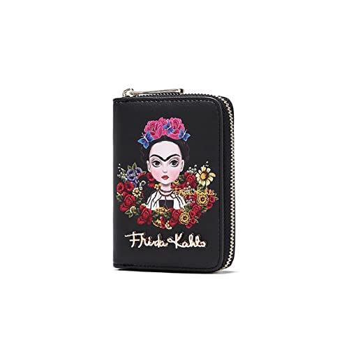 Frida Kahlo Cartoon Flower Collection Cute Zip Wallet (Black)2