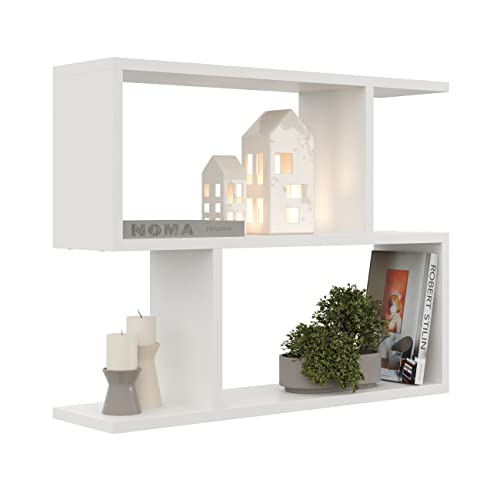 KUBUTKU Scaffale decorativo da parete con 2 ripiani, 70 x 55 x 18 cm, design scandinavo, moderno, per soggiorno, cucina, ufficio, camera da letto, bagno, libreria (bianco)
