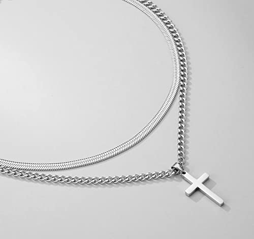 Zocomi Cross Necklace for Men Boys, Stainless Steel Layered Cuban Link Herringbone Chain Cross Pendant Christian Fashion Jewelry Gifts 16-24 Inches4