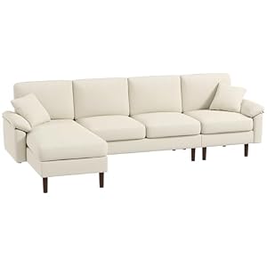 HOMCOM Changeable Sectional Sofa with Chaise Lounge, Modern 4-Seater Couch with Pillows, Wooden Legs, L-Shape Corner Sofa for Living Room, Cream White