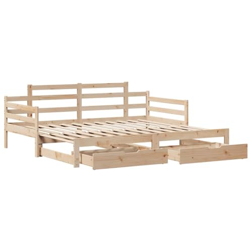 vidaXL Tagesbett, Bettsofa Ausziehbar mit Schubladen, Gästebett ohne Matratze mit Lattenrost, Ausziehbett Schlafsofa, 80x200cm Massivholz Kiefer