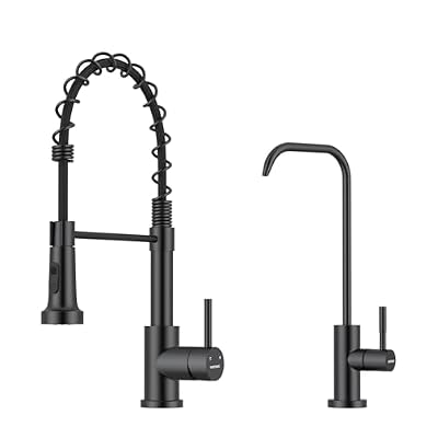 WEWE Faucet for Kitchen Sink, Kitchen Faucets Black Stainless Steel Commercial Spring Kitchen Faucet with Pull Down Sprayer with WEWE Drinking Water Faucet, Matte Black