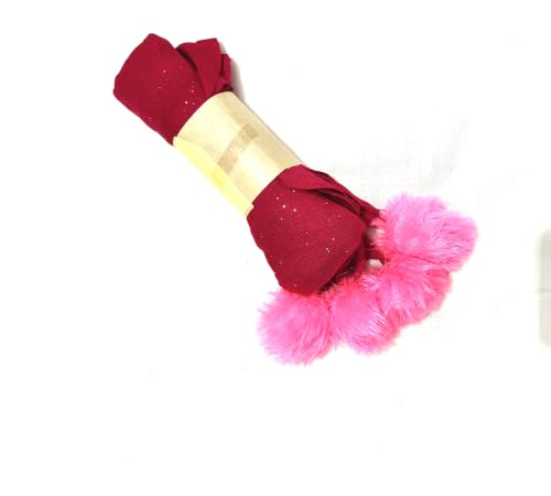Image of Women's Dupatta | Maroon with Pink Faux Fur Pom Pom Border | Glitter Detail | Festive Style