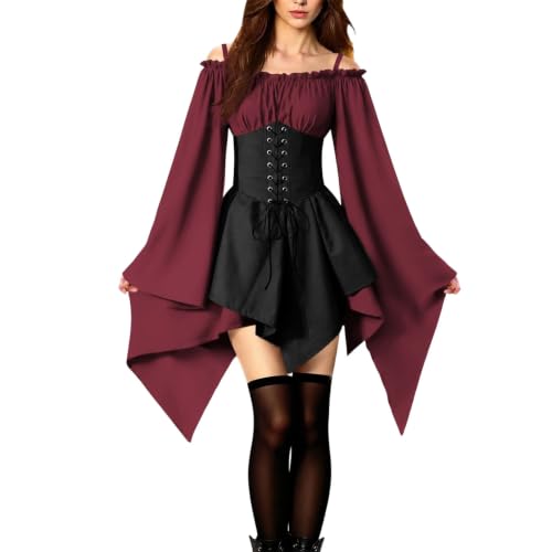 GOSEAGOTOFUN Halloween Dresses for Women Medieval Witch Off Shoulder Dresses Halloween Costumes Lace Up Corset Gothic Outfits 01-Wine Small - image 2
