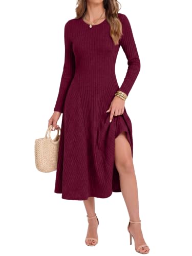 ANRABESS Womens Long Sleeve Ribbed Knit Fall Midi Dresses,Burgundy,L