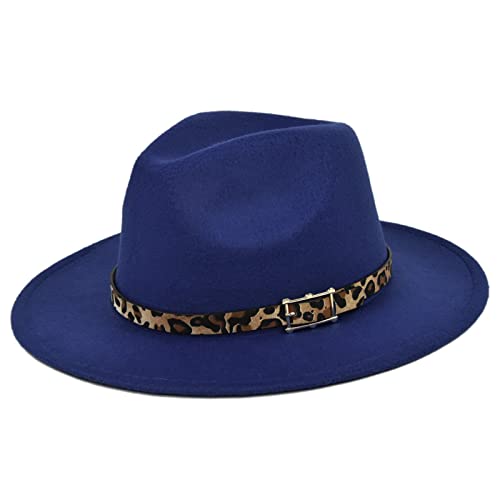 Colorful Panama Filz Fedora Hut mit breiter Krempe, Mafia Gangster Filz Fedora Wolle Mütze 1920 Stil Cap mit Leopard Gürtel Schnalle für Herren Damen (Blau, L) Cover