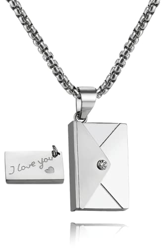 SHINYY Envelope Love Letter Necklace for Women and Men Stainless Steel Engraved Locket with I Love You Secret Message Jewelry Pendant Gift for Couples and Family