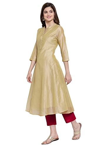 Indian Chanderi Silk Beige Golden Anarkali Kurta for Women | 3/4 Sleeves, Round Neck, Ankle Length | Single Kurta3