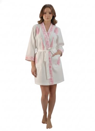 Hand Block Print Cotton Waffle Fabric Short Bathrobe For Women's Ultra-Soft & Lightweight After Bath Spa Bathrobe Dress Women Bath Robe Dress | Highly Absorbent Light pink Printed
