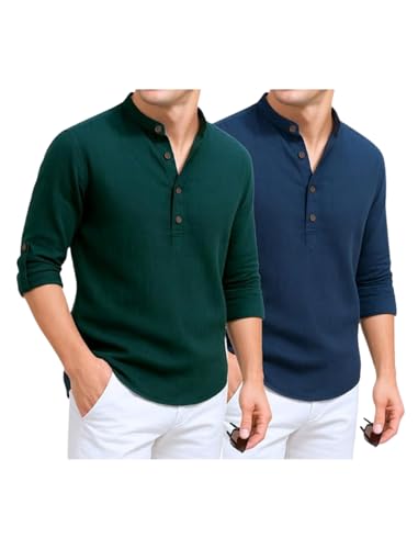Image of DEEMOON Combo of Men's Cotton Blend Solid Regular Fit Full Sleeve Short Kurta | Men's Trendy Short Kurta Pack of 2 (Available in Plus Size & Combo Packs)