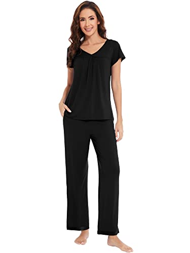 Wiwi Bamboo Pajamas For Women Soft Short Sleeve Pajama Sets With Pants Lightweight 2 Piece Loungewear Pjs Set S-Xxl, Black, X-Large #TOP29