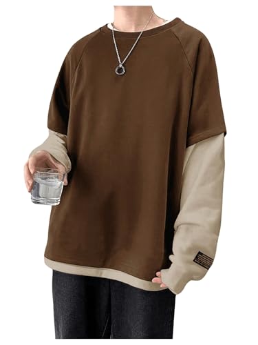 Floerns Men's 2 in 1 Long Sleeve Crewneck Sweatshirts Loose Colorblock Pullovers