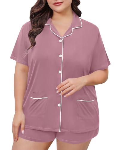 Image of SWOMOG Women's Plus Size Pajamas Set Button Down Tops Short Sleeve Sleepwear Soft Pajama Shorts 2 Pcs Lounge Sets With Pocket
