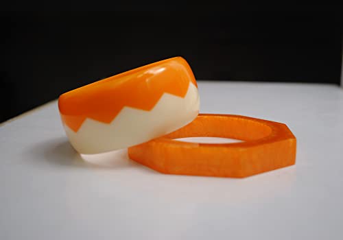 Image of Wheedle Sextuple - Value Set of 2 bold Handmade Resin Bangles Joinery Art design & Octagonal in Autumn Glory Orange & Ivory Color satin smooth in pure cotton designer gift bag for girls & Women
