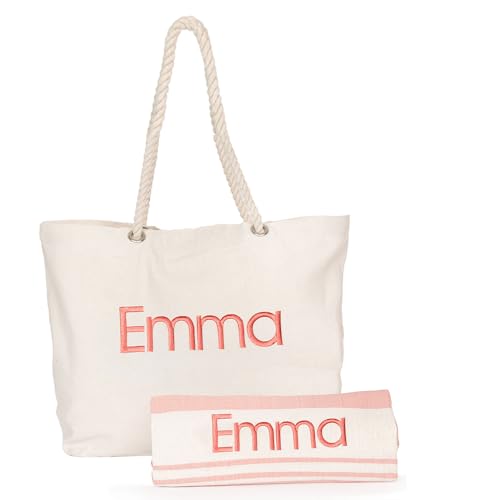 Wanapix | Pack Personalizado Bolsa de Playa + Fouta | Color Rojo | Tu Nombre Bordado en los 2 Productos | Bolso de Algodón con Asa de Cuerdas Marineras | Fouta Toalla con Flecos para Tumbarse