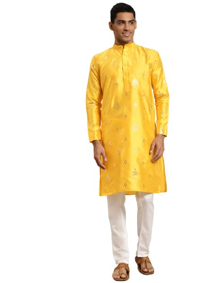 Image of SOJANYA (Since 1958 Men's Cotton Blend Navy Blue & Black Printed Kurta & White Churidar Pyjama Set