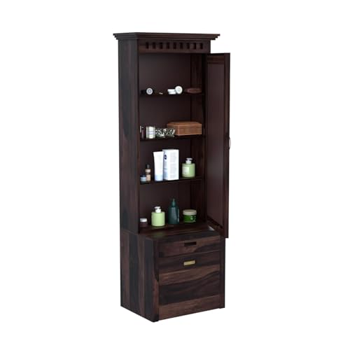 Image of Sheesham Solid Wood Wooden Dressing Table for Bedroom with 1 Drawer and 1Cushioned Stool Mirror and Huge Storage Space | Long Dresser Table (Walnut Finish)